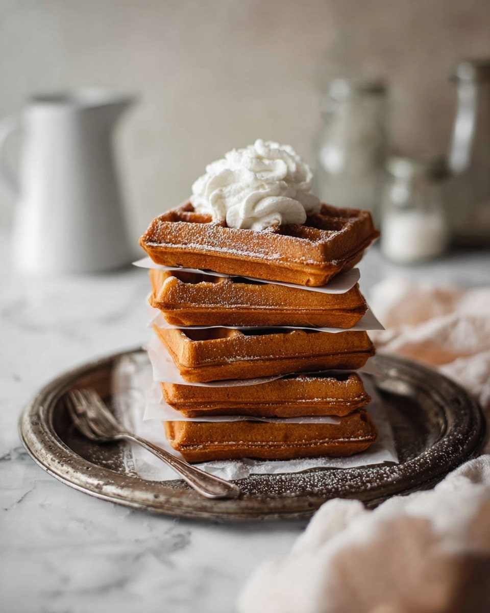 A tall stack of five square waffles is shown, each waffle having a golden brown color with a slightly crisp texture and deep grid marks. The waffles are neatly piled on top of each other on a sheet of white parchment paper, placed on a round silver metal tray with a worn, rustic finish. On top of the stack is a dollop of white whipped cream. The background is softly blurred, with a white pitcher and some small glass bottles in soft focus. A silver fork rests on the edge of the tray. The whole scene sits on a white marbled surface. photo taken with an iphone --ar 4:5 --v 7