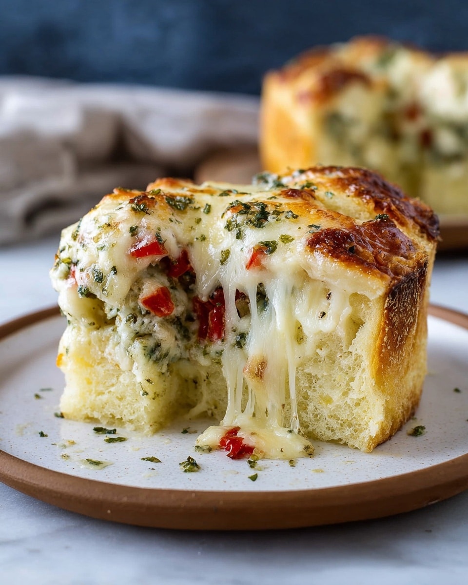 The image shows a close-up of a single serving of cheesy garlic bread with layers. The bottom layer is soft, pale yellow bread with a fluffy texture. The middle layer features melted white cheese mixed with chopped green herbs and small pieces of red peppers, visible inside the bread. The top layer is golden brown melted cheese with a slightly crispy texture, with some melted cheese dripping down the side. The bread piece is on a round white plate with a slightly elevated rim, and in the background, another similar piece of bread is slightly out of focus. The surface beneath the plate is a white marbled texture. Photo taken with an iphone --ar 4:5 --v 7