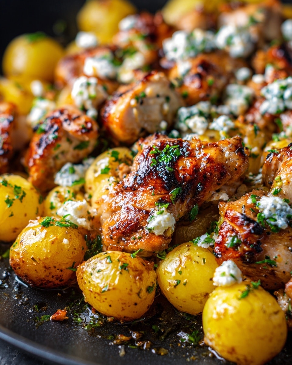The dish shows a single layer of golden brown chicken pieces mixed with small, cooked yellow potatoes. The chicken pieces are grilled with a slightly crispy texture and coated lightly with melted white cheese on top. Small green herb bits are sprinkled evenly over the chicken and potatoes, adding a fresh touch. The food rests directly on a dark pan surface, with some oil and juices visible, giving a juicy and rich look. photo taken with an iphone --ar 4:5 --v 7