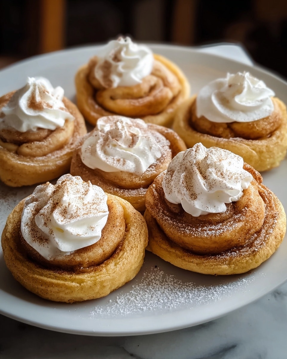 The image shows a white round plate holding six cinnamon roll pastries, each with two layers: a thick golden-brown dough base shaped in a swirl, and a top layer of light golden-brown cinnamon filling. Three of the rolls have a swirl of white whipped cream on top, slightly sprinkled with cinnamon powder, while the other three are dusted with white powdered sugar and cinnamon. The plate is set on a surface with a white marbled texture, and the background is softly blurred. photo taken with an iphone --ar 4:5 --v 7