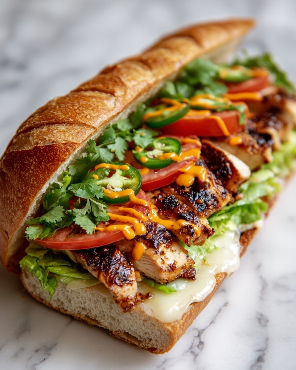 A sandwich on a white baguette is shown with five layers inside. The bottom layer has melted white cheese on the bread. Above that is a layer of fresh green lettuce. Next, there are thick slices of grilled chicken with dark char marks and a juicy texture. On top of the chicken are slices of bright red tomato. The fourth layer includes green jalapeño slices and fresh green cilantro leaves, with a drizzle of orange sauce. The sandwich is open, showing all the layers clearly, and the background has a white marbled texture. Photo taken with an iphone --ar 4:5 --v 7