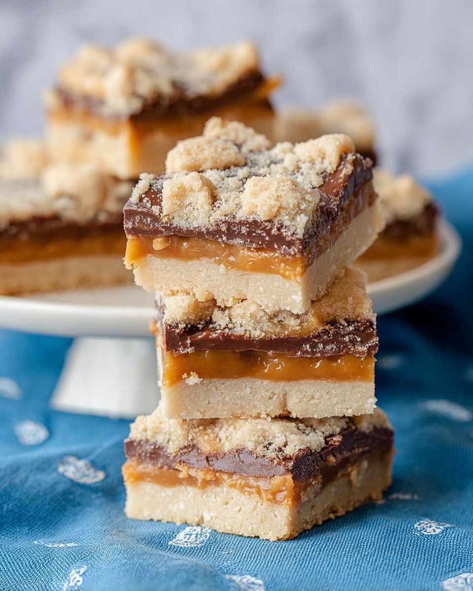 The image shows a stack of dessert bars with three layers: a thick, crumbly pale beige cookie base at the bottom, a middle layer of smooth golden caramel mixed with melted dark brown chocolate, and a top layer of crumbly pale beige cookie dough pieces broken unevenly. The dessert bars are arranged on a blue cloth with a white marbled texture in the background. One stack is raised on a small white pedestal and the texture of each layer is clearly visible, showing the richness of the caramel sealing the chocolate between buttery cookie layers. photo taken with an iphone --ar 4:5 --v 7