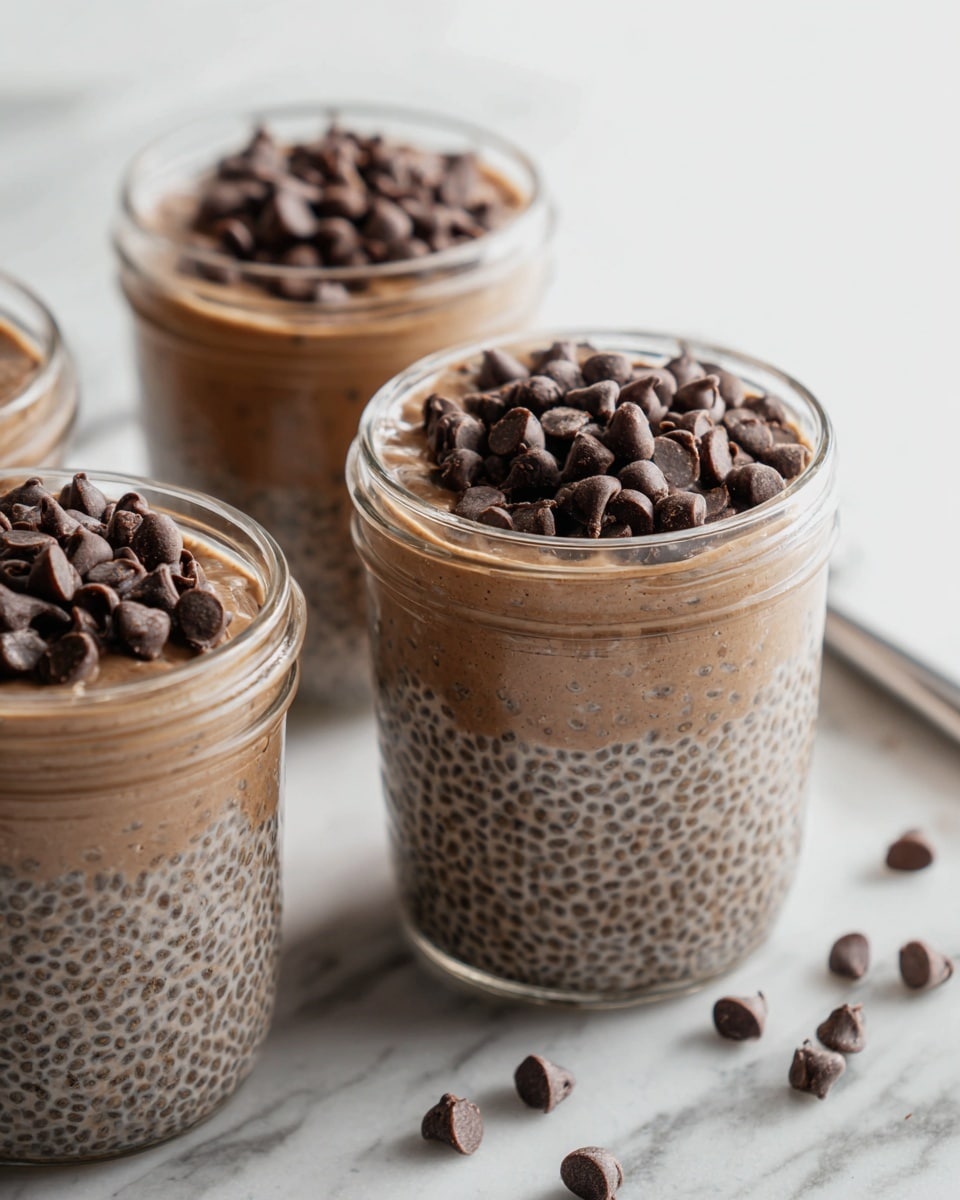 Three clear glass jars filled with a smooth, light brown pudding sit on a white marbled surface. Each jar has a top layer covered with a generous amount of dark brown chocolate chips, giving a textured look that contrasts with the creamy pudding beneath. Scattered chocolate chips lie around the jars and to the right, next to a shiny silver spoon placed on the surface. The jars are close together, with one in the front and two slightly behind, creating a neat arrangement. photo taken with an iphone --ar 4:5 --v 7