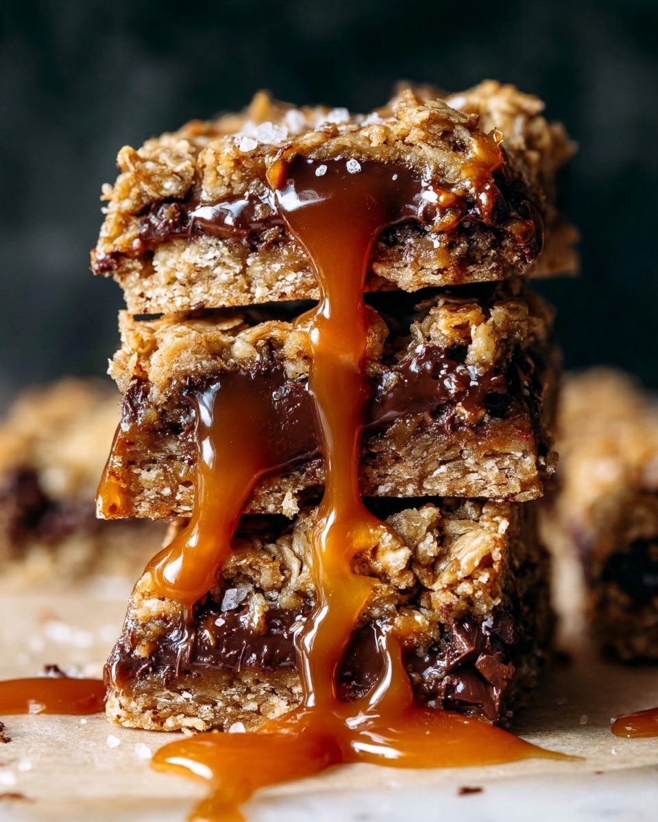 A stack of three gooey bars is shown close up, each layer consisting of a crumbly golden brown oat base and topping, with melted dark chocolate chunks embedded inside. Thick caramel sauce seeps and drapes over the sides, dripping down in shiny amber streams that contrast with the rough texture of the oats. The bars have a rustic, crunchy look with bits of salt sprinkled on top, giving a mix of shiny gooey caramel and matte crumbly layers. Background has a soft dark blur with a white marbled surface underneath. Photo taken with an iphone --ar 4:5 --v 7