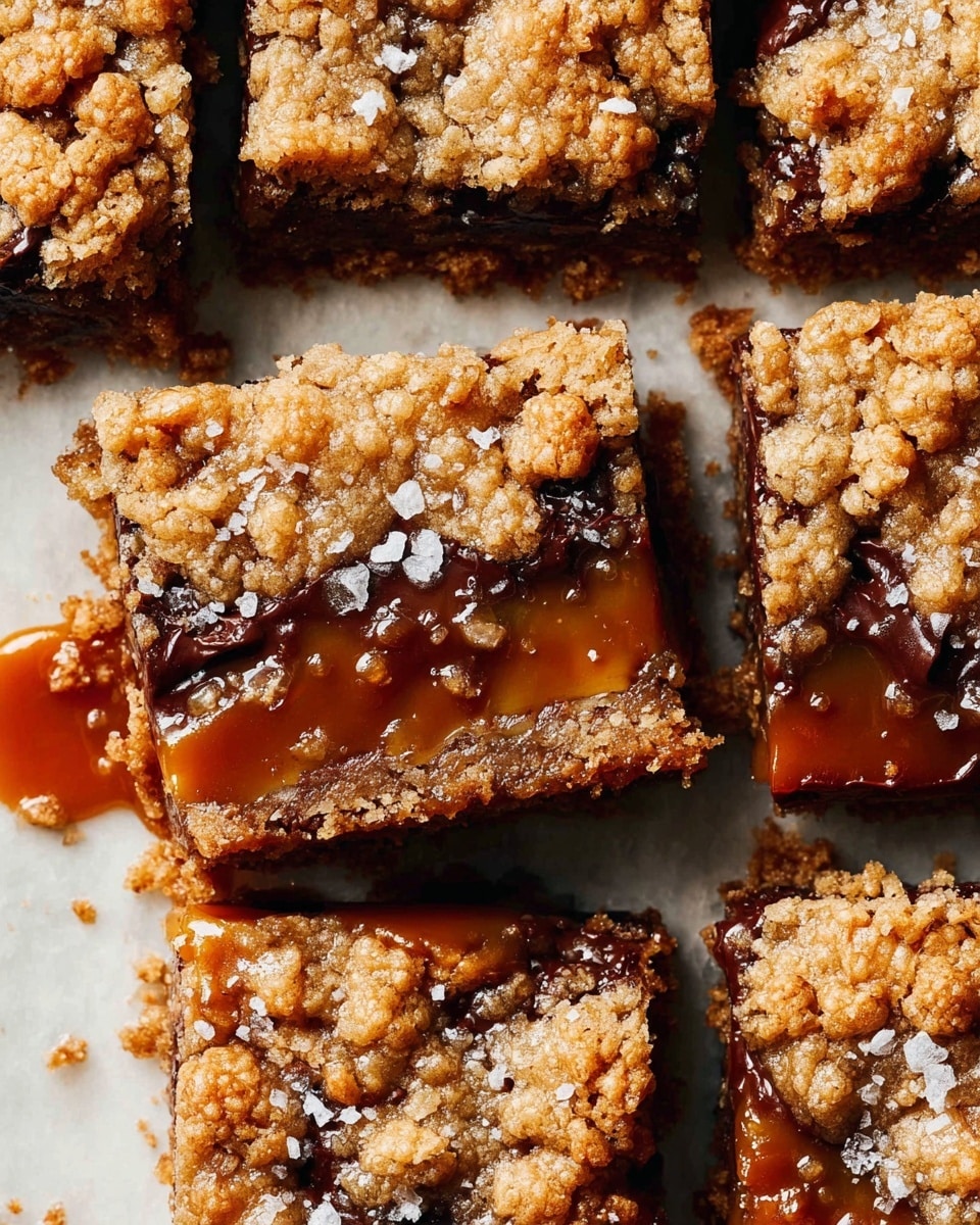 The image shows several square cookie bars arranged close together on a white marbled surface, with one square slightly pulled out to reveal gooey layers inside. Each cookie bar has three distinct layers: a crumbly, golden oat cookie top with rough texture and uneven pieces; a thick, glossy caramel middle layer in rich amber brown, oozing slightly around the edges; and a dark, melted chocolate layer beneath the caramel, showing through cracks in the cookie top. Small flakes of salt are sprinkled over the top, adding a touch of white contrast on the caramel and cookie layers. Photo taken with an iphone --ar 4:5 --v 7