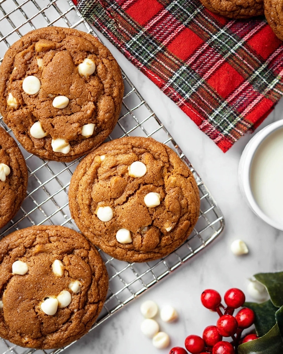 The image shows several round cookies with a golden-brown color and a slightly cracked texture on top, studded with visible white chocolate chips that create a contrast against the darker cookie dough. They are placed on a silver cooling rack set over a white marbled texture, which adds a clean and bright background to the scene. In the top right corner, there is a white cup filled with milk sitting on a red and green plaid cloth, with a few white chocolate chips spilled around it. At the bottom right, there are bright red berries and some green leaves, adding a festive touch to the composition. photo taken with an iphone --ar 4:5 --v 7