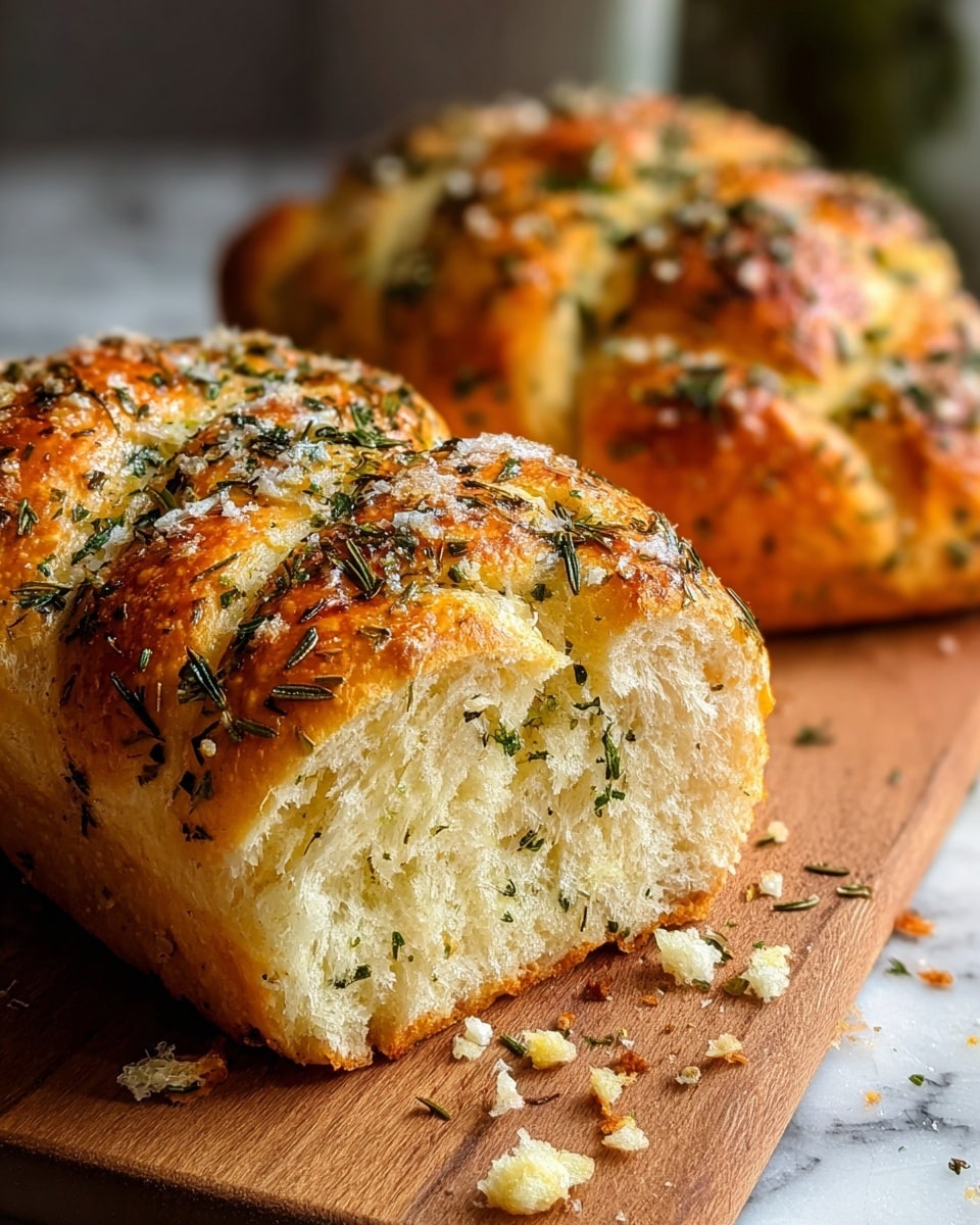 The image shows two golden-brown herb breads on a wooden board placed on a white marbled texture. The bread in the front is cut, showing soft, fluffy inside layers with a slightly open crumb. The crust is shiny and topped with green herb pieces like rosemary and bits of garlic, mixed with coarse salt. The second loaf is whole and blurred in the background, highlighting the texture and herbs sprinkled on top. There are some crumbs and herb bits scattered around the board. Photo taken with an iphone --ar 4:5 --v 7