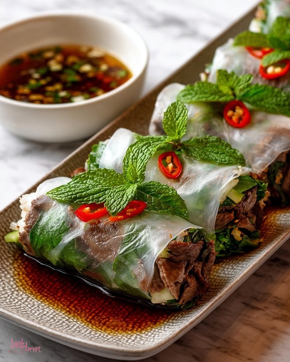 This image shows five spring rolls arranged neatly in a row on a long white plate with a textured surface. Each roll has a translucent white rice paper wrap that reveals layers inside: dark brown cooked beef with a slightly glossy texture, bright green leafy herbs, and a few pieces of red chili on top. Fresh green mint leaves rest visibly on each roll, adding a fresh look. A glossy, dark sauce pools around the base of the rolls on the plate. In the background, a small white bowl with a brown dipping sauce that has floating bits of herbs is partially visible. The surface under the plate is a white marbled texture. Photo taken with an iphone --ar 4:5 --v 7