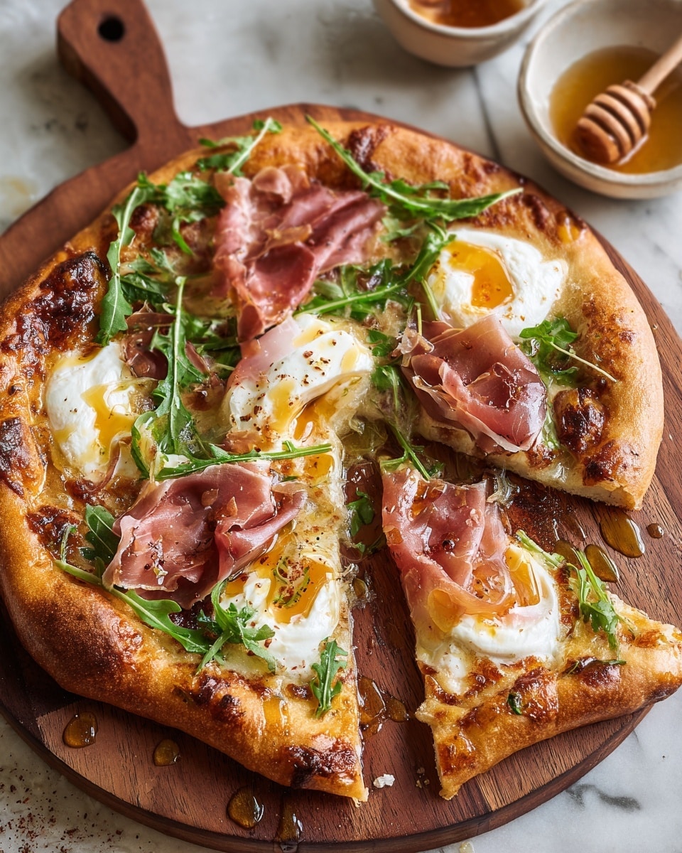 A rustic pizza on a wooden board with a thick golden-brown crust, topped with a melted layer of cheese that peeks through slightly browned edges. On top, there are several slices of thin, pink prosciutto scattered evenly, some folded to show texture. Between the prosciutto, there are dollops of white creamy cheese with soft yellow centers that resemble eggs. Fresh green arugula leaves are spread sparsely on top, adding a pop of green color. Around the pizza, there is a drizzle of shiny amber honey, some spilled on the board, enhancing the look with a glistening effect. The background is a white marbled texture with small bowls blurred out, one containing honey with a wooden dipper. Photo taken with an iphone --ar 4:5 --v 7