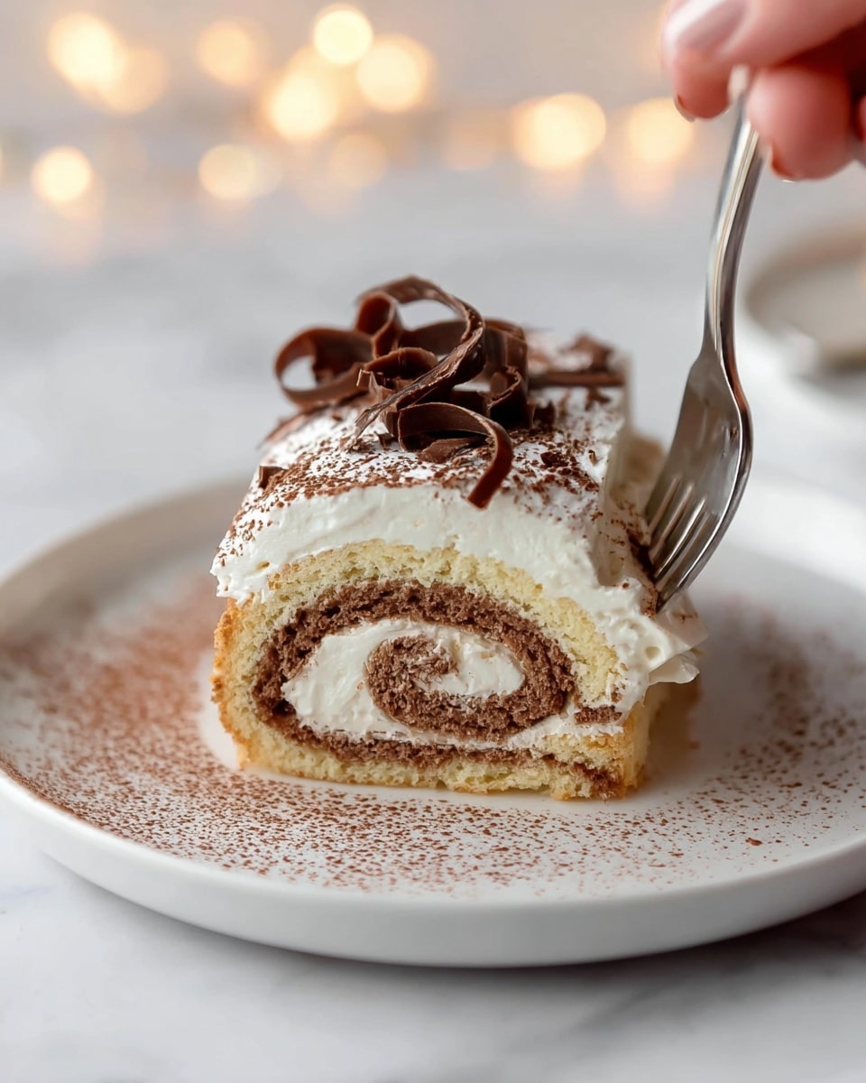 A slice of a rolled cake is on a white plate with cocoa powder sprinkled around it. The cake has three main layers: the bottom layer is golden and slightly crumbly, the middle layer is a light cream with a spiral of brown cocoa or chocolate within the soft cake, and the top layer is thick white cream dusted evenly with cocoa powder. On top, there are three delicate dark chocolate curls. A silver fork is gently cutting into the side of the cake, held by a woman's hand. The plate sits on a white marbled surface with soft, blurred lights in the background. photo taken with an iphone --ar 4:5 --v 7