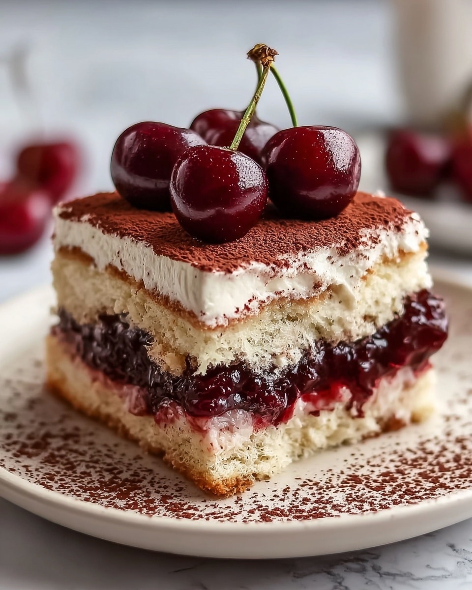 A square slice of layered dessert on a white plate sits on a white marbled surface. The bottom layer is light brown sponge cake soaked and textured, topped with a thick layer of dark red cherry filling with a jelly-like shine. Above the cherry layer is a creamy white mousse or cream that looks smooth and soft, slightly melting on the sides. The top is dusted with fine dark brown cocoa powder, and a cluster of fresh, shiny dark red cherries with stems is placed on top for decoration. Photo taken with an iphone --ar 4:5 --v 7