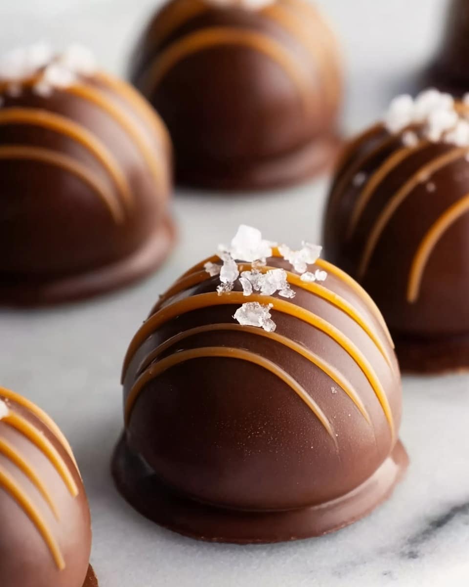 The image shows smooth, round chocolate truffles sitting on a white marbled surface. Each truffle has a glossy dark brown chocolate base with a small round bottom layer that supports the larger hemisphere on top. Bright caramel-colored lines drip evenly over the top, creating three distinct stripes from front to back. On the very top center of each truffle, there are small chunks of coarse white salt, adding texture and a contrast in color. The truffles are close to each other, but not touching, with a soft focus on some in the background and sharp focus on the nearest one. photo taken with an iphone --ar 4:5 --v 7