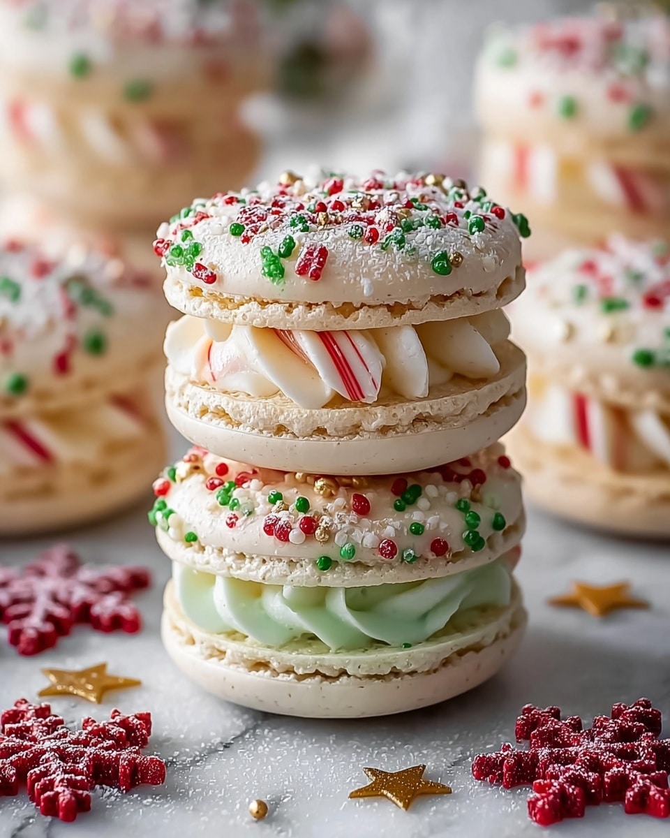 The image shows three white macarons stacked closely on a white marbled surface, each with two smooth, pale cream-colored cookie shells sandwiching a creamy white filling that is thick and slightly swirled with pieces of red and white striped candy. The top shells of the macarons are decorated with small round sprinkles in red, white, and green colors, along with a light sprinkling of turquoise sugar crystals, adding a festive touch. Around the macarons, there are shiny red spherical decorations and two gold glittery star-shaped ornaments, enhancing the holiday feel. The focus is sharp on the macarons with a soft, blurred background. Photo taken with an iphone --ar 4:5 --v 7