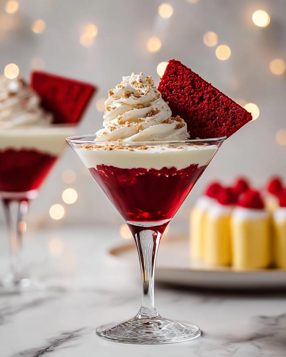 A tall clear martini glass holds a vibrant red drink filling about three-quarters of the glass, topped with a thick, smooth white cream layer. On top of the cream is a swirl of white whipped cream sprinkled lightly with red crumbs. A small dark red cake piece rests on the rim, which is also coated with red crumbs. The glass stands on a shiny white marbled surface, with two small shiny red balls nearby and soft yellow lights glowing blurred in the grey background. Photo taken with an iphone --ar 4:5 --v 7
