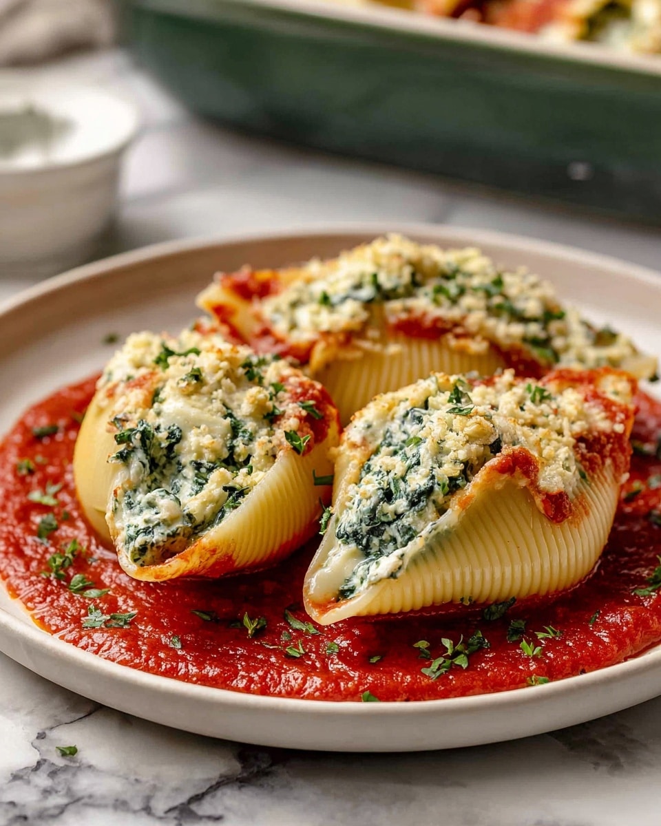 A white baking dish filled with large pasta shells arranged in rows, each shell stuffed with a creamy white and green spinach ricotta mixture on top of a rich red tomato sauce layer. The shells have a light golden crust and are sprinkled with crispy browned breadcrumbs, garnished with small green herb leaves. The dish sits on a white marbled surface with a folded dark red cloth nearby. Photo taken with an iphone --ar 4:5 --v 7