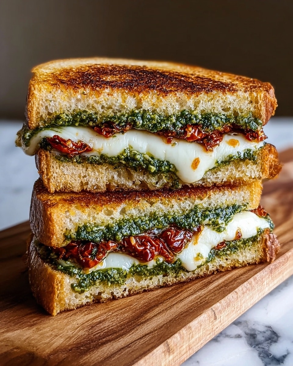 A grilled sandwich cut in half and stacked, showing three layers inside: the top and bottom layers are toasted golden brown bread with a crispy texture, the middle layer has melted white cheese that is soft and stringy, and two layers of bright green pesto with a coarse texture spread above and below the cheese. There are pieces of sun-dried tomatoes with a wrinkled, dark red look nestled within the pesto. The sandwich is placed on a wooden board with a white marbled background. Photo taken with an iphone --ar 4:5 --v 7