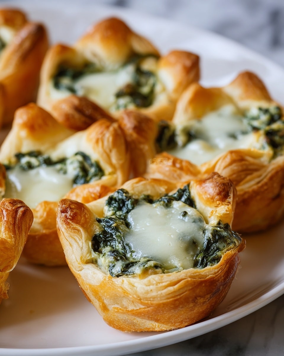 The image shows several small, golden-brown pastry cups filled with a creamy spinach and cheese mixture, sitting closely together on a white plate. Each cup is made of flaky, crispy pastry that is folded up to hold the filling in the center. The filling has two visible layers: a dark green spinach layer at the bottom with a smooth, melted white cheese layer on top that appears slightly glossy and soft. The cups have a round, slightly puffed shape with a textured surface from the baked pastry. The background features a white marbled texture. Photo taken with an iphone --ar 4:5 --v 7