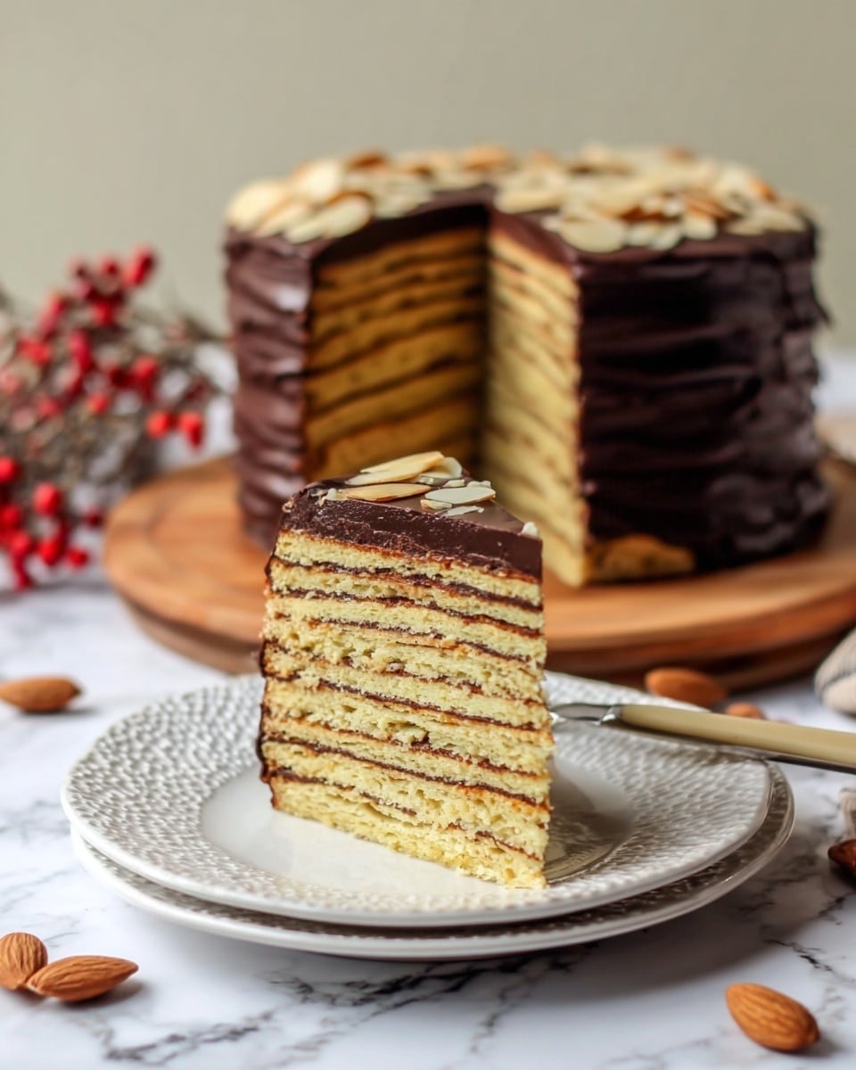 A tall slice of layered cake sits on a white textured plate, showing about 10 thin light brown layers separated by darker lines of chocolate or filling. The top of the slice is covered with a smooth, dark chocolate glaze. In the background, the rest of the cake is visible on a wooden stand, decorated on the side with slivered almonds stuck to a layer of chocolate. A silver fork with a white handle lies next to the slice on the plate. The scene is set on a white marbled surface. Photo taken with an iphone --ar 4:5 --v 7