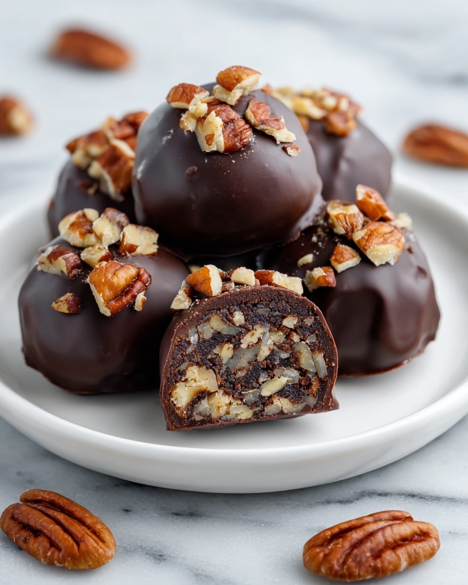 A white plate holds around nine bite-sized chocolate-covered treats arranged in a loose pile. Each treat has a smooth dark chocolate outer layer forming a small dome shape, with the top sprinkled generously with chopped pecans, showing a mix of light brown and creamy nut pieces. The chocolate coating has a glossy texture, while the nut topping adds a rough, crunchy look. The plate rests on a soft, neutral-colored cloth, sitting on a surface with a white marbled texture. In the background, there is soft natural light coming from a window, adding warmth to the scene. photo taken with an iphone --ar 4:5 --v 7