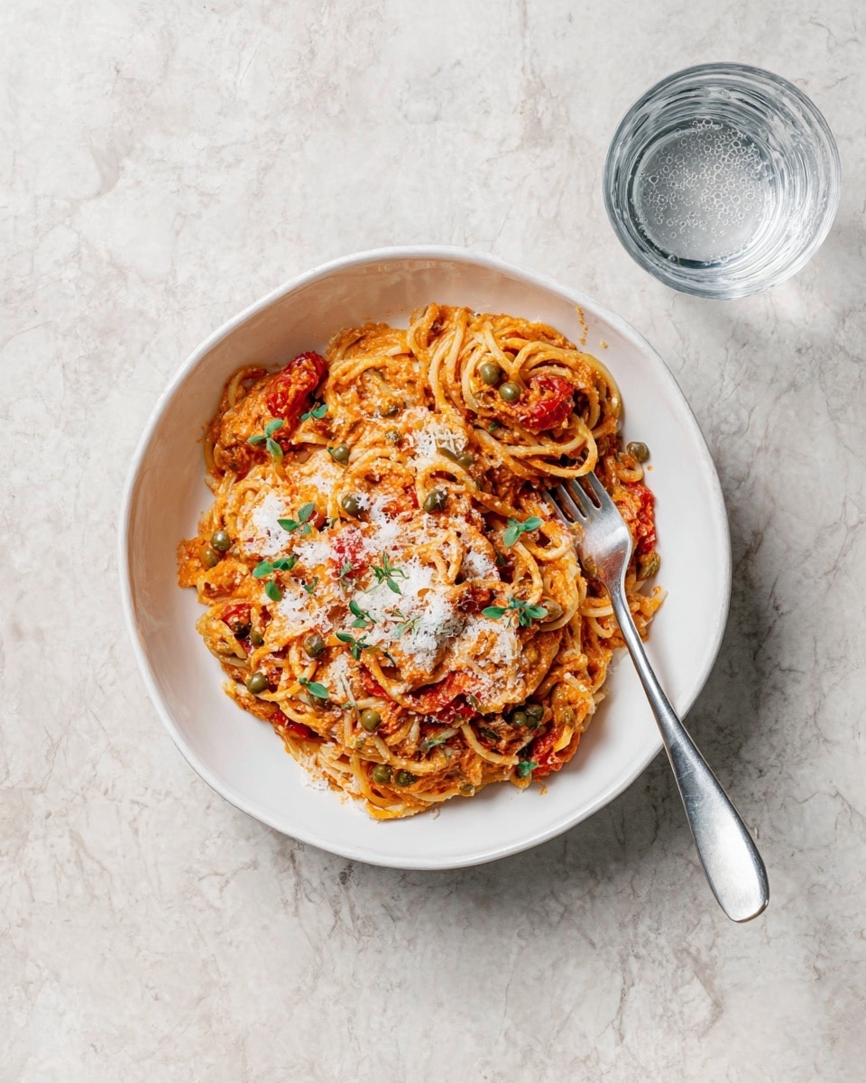 A white bowl filled with creamy spaghetti that has a rich orange sauce mixed with small green capers and bits of red sun-dried tomatoes evenly spread throughout. The spaghetti is twisted into soft nests, with some strands loose, showing their smooth texture. Bright green dill sprigs are placed on top as a fresh garnish, and small drops of black pepper are scattered over the dish. A silver fork is placed inside the bowl on the right side. The bowl sits on a white marbled surface. photo taken with an iphone --ar 4:5 --v 7