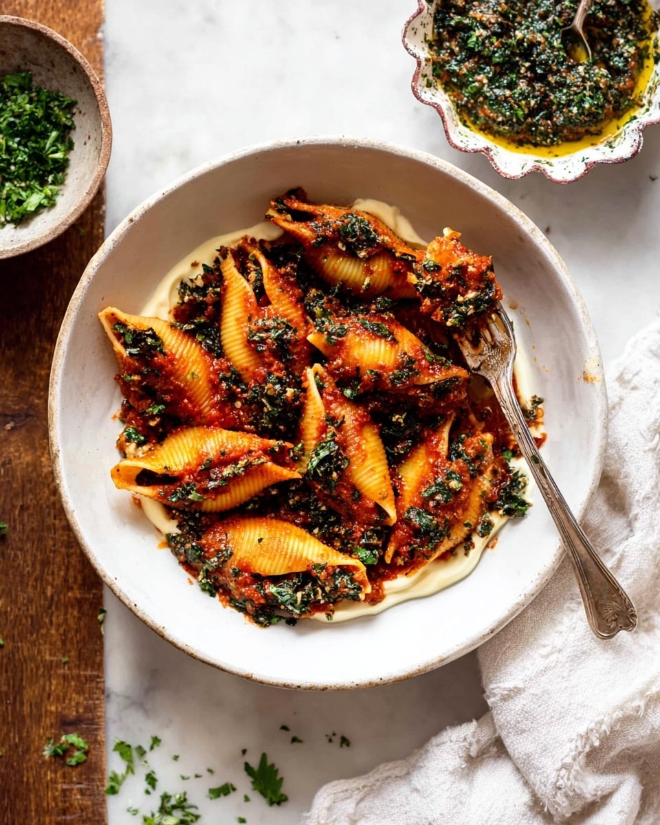 A close-up view of a black pot filled with large pasta shells coated in a thick red-brown sauce, mixed with small bits of cooked ground meat and dark green leafy vegetables scattered throughout. The pasta shells are arranged randomly, some slightly open showing the meat sauce inside, with a rich, glossy texture that reflects light. The pot has a red handle and sits on a rustic white marbled surface, with traces of sauce smeared inside the pot’s sides. Photo taken with an iphone --ar 4:5 --v 7