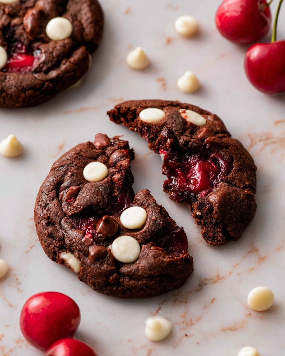 The image shows a close-up of two dark brown chocolate cookies with a soft and slightly crumbly texture on a white marbled surface. The cookie in the front is broken in half, revealing a gooey, deep red cherry filling inside. Both cookies are topped with a mix of white chocolate and milk chocolate chips that create small smooth, glossy mounds on the rough surface of the cookies. Around the cookies, a few bright red cherries with green stems add a fresh, colorful contrast. The lighting highlights the textures and colors, making the cookies look rich and inviting. Photo taken with an iphone --ar 4:5 --v 7