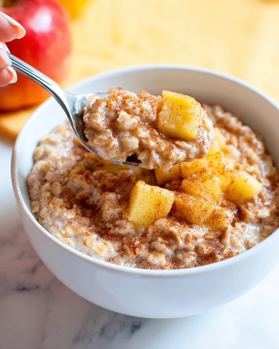 A close-up view of a white bowl filled with creamy oatmeal mixed with small, soft pieces of yellow apple, all sprinkled with a fine layer of cinnamon powder giving a warm, speckled texture to the dish. The oatmeal has a light brown color with visible grains and a slightly sticky texture. A shiny silver spoon, held by a woman's hand, scoops up a portion of the oatmeal, putting a small apple piece on top, both coated in cinnamon. The background softly blurs with warm yellow and red tones, and the scene is set on a white marbled surface. photo taken with an iphone --ar 4:5 --v 7