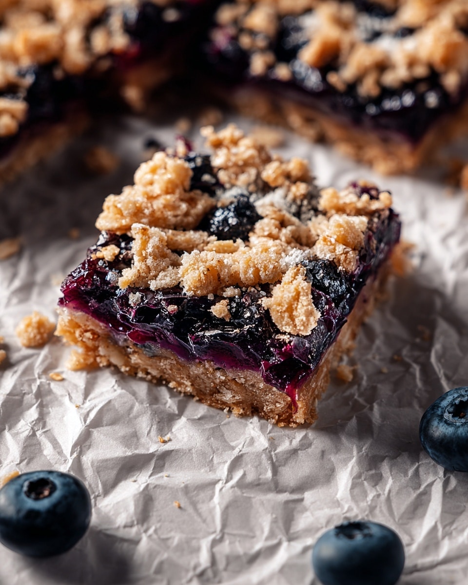 The image shows a close-up of a blueberry oat bar resting on crinkled white parchment paper placed on a white marbled texture. The oat bar has three clear layers: a golden-brown, crumbly oat crust at the bottom, a thick, glossy dark purple blueberry filling in the middle with visible whole blueberries, and a crumbly oat topping sprinkled with bits of oats and sugar on top. Around the oat bar, there are a few fresh whole blueberries adding a deep blue color contrast. The lighting highlights the textures, making the oats look crunchy and the blueberry filling juicy and sticky. photo taken with an iphone --ar 4:5 --v 7