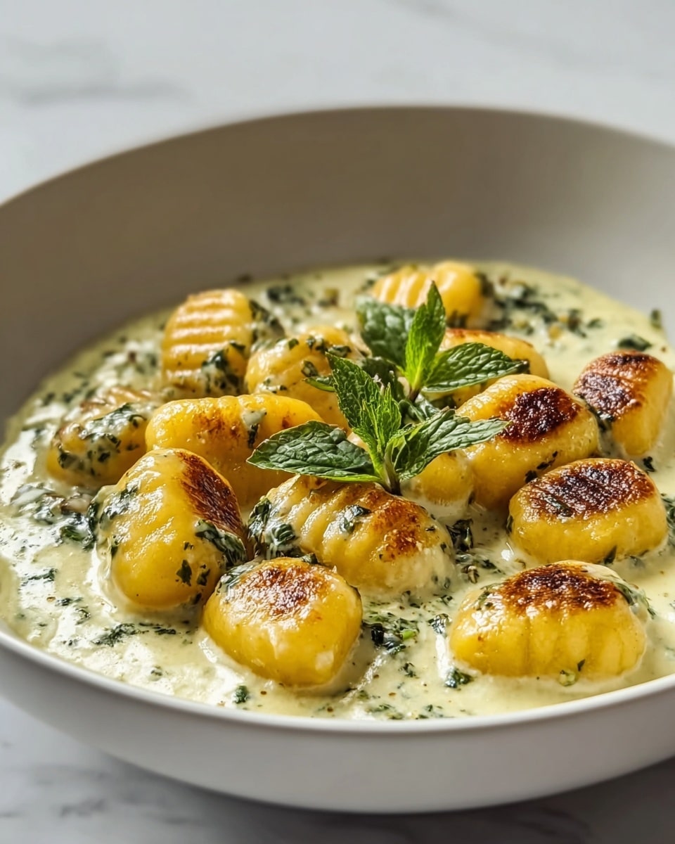 A white deep bowl holds a creamy sauce at the bottom with a slightly speckled green herb texture visible throughout. On top, there are about a dozen pieces of browned gnocchi, each golden-yellow with a smooth and ridge-textured surface, some showing browned, crispy spots. The gnocchi are scattered evenly over the sauce, with a small green herb garnish placed on top for decoration. The background is a white marbled texture, softly lit to highlight the dish's rich colors and creamy texture. photo taken with an iphone --ar 4:5 --v 7