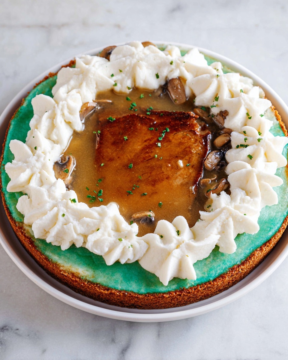 A white bowl holds a serving of creamy mashed potatoes as the bottom layer, smooth and fluffy with a pale off-white color. On top sits a thick, browned piece of meat with a crispy, caramelized outer crust tinted dark golden brown. Surrounding the meat and potatoes is a rich mushroom gravy, light brown with a glossy finish, dotted with small chunks of mushrooms and finely chopped green herbs sprinkled over all layers. The background features a white marbled texture. Photo taken with an iphone --ar 4:5 --v 7