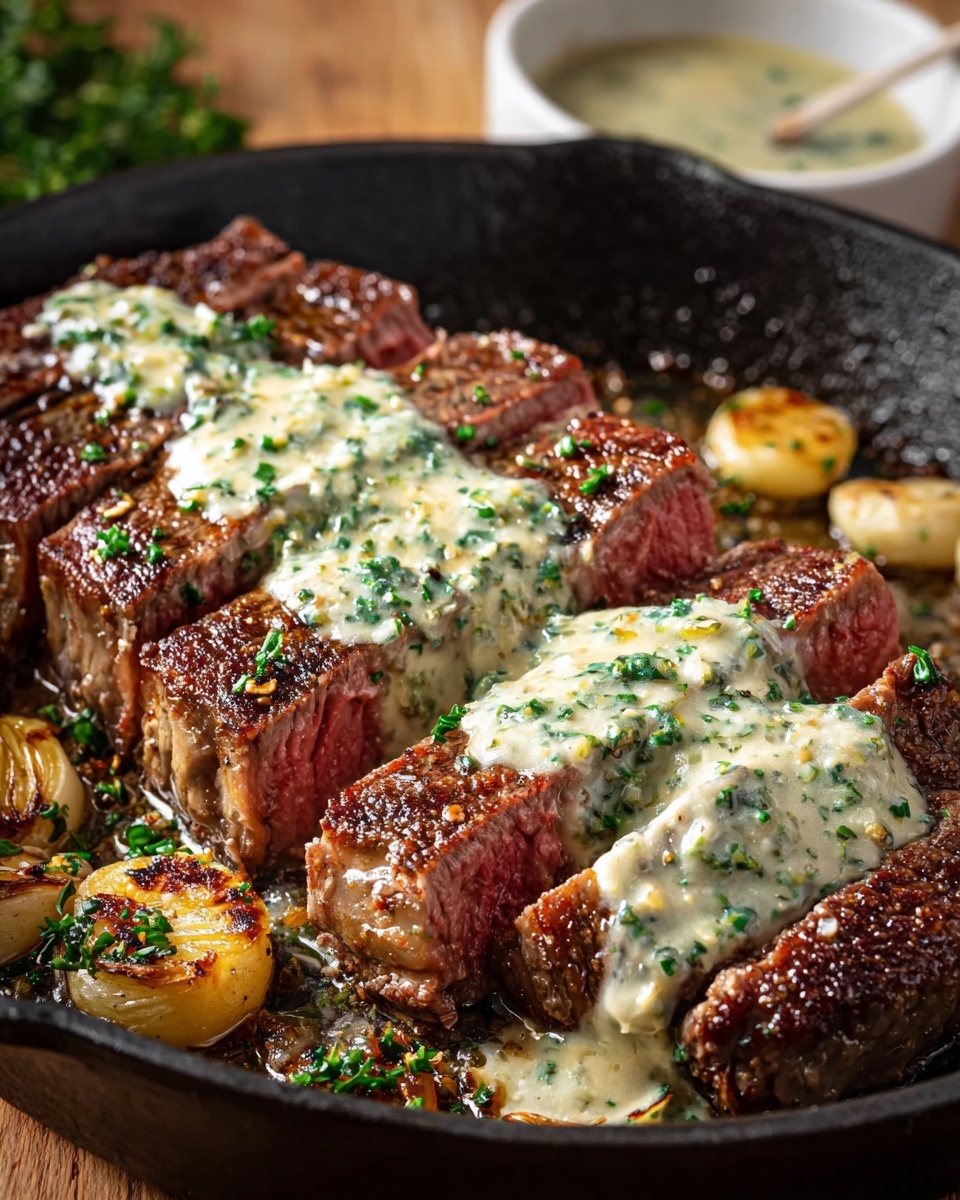 A medium-rare steak sliced into seven thick pieces lies in a black cast iron pan, showing a rich, brown crust with a juicy pink center in each cut. On top of the steak, a thick layer of creamy white sauce speckled with green herbs spreads along the length, adding texture and color contrast. Around the steak, golden-brown roasted garlic cloves and chopped fresh herbs are scattered. The pan sits on a wooden surface with a small white bowl of sauce blurred in the background. photo taken with an iphone --ar 4:5 --v 7