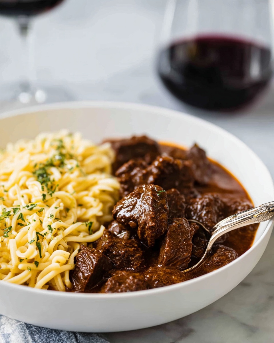A white shallow bowl holds a serving of dark brown beef stew on the right side, with tender chunks of beef in a thick, rich sauce showing hints of herbs. On the left side of the bowl, there is a pile of light yellow noodles with a slightly glossy texture and small green herb pieces sprinkled on top. A silver fork and spoon rest on the edge of the bowl, with the fork inserted slightly into the noodles. The bowl is set on a white marbled surface, and blurred in the background, there is a clear glass filled halfway with dark red wine. photo taken with an iphone --ar 4:5 --v 7