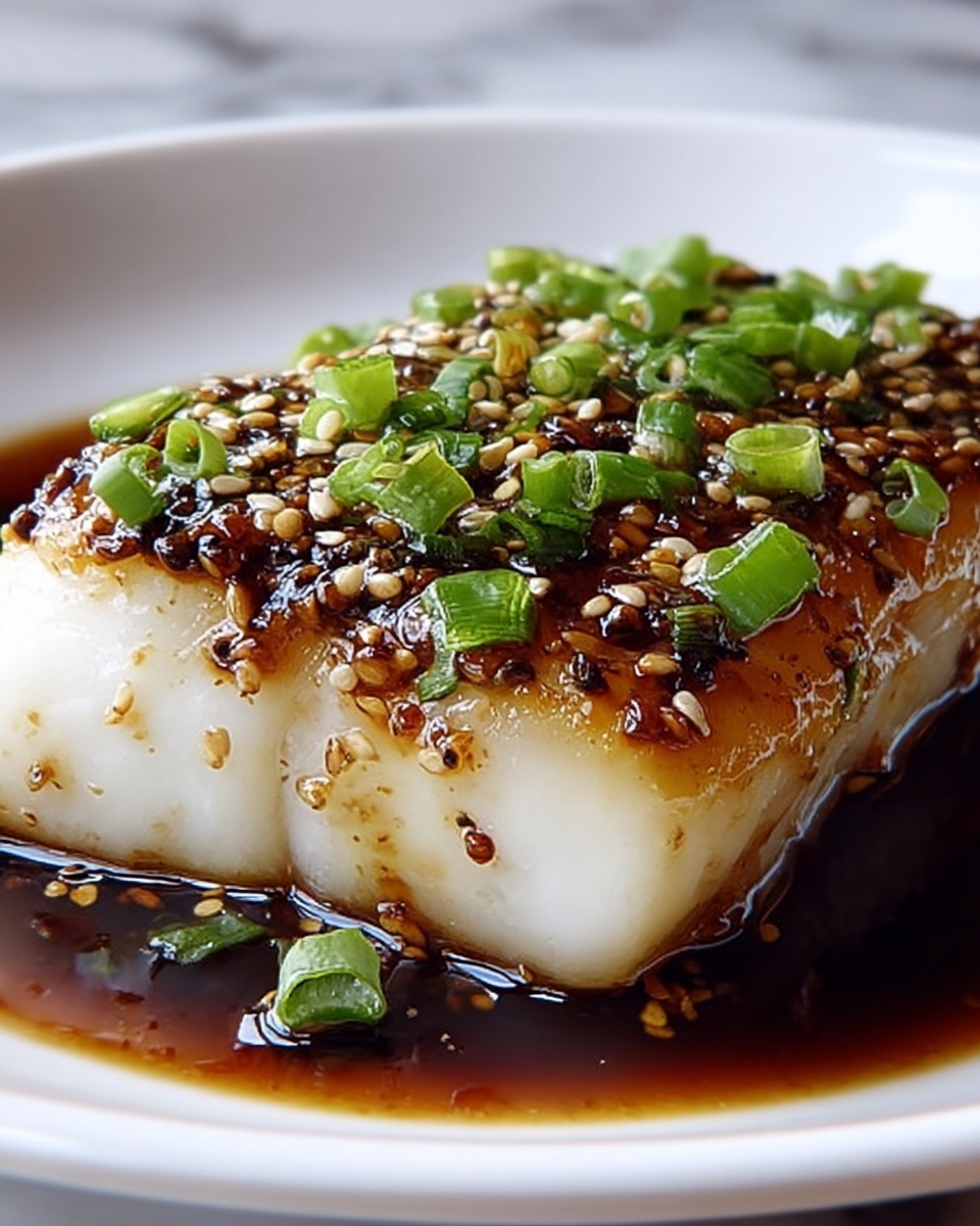 A thick piece of white fish with a slightly browned top layer covered in a glossy dark sauce is placed on a white plate. The top has small green chopped scallions and scattered light tan sesame seeds. The fish shows a moist, soft texture under the sauce, and the sauce pools lightly around the bottom edge on the plate. The background is a white marbled texture. photo taken with an iphone --ar 4:5 --v 7