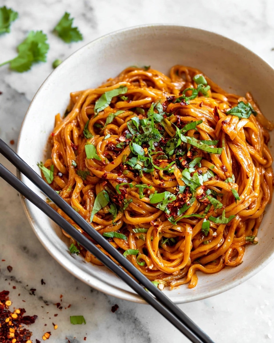 The image shows a white bowl filled with a generous serving of noodles coated in a rich, reddish-orange sauce. The noodles are twisted and layered thickly, each strand glossy and well covered with the sauce, giving a slightly shiny texture. On top, there are scattered fresh green herbs, adding a lively contrast, and small red flakes that appear to be chili flakes, offering a spicy look. A pair of black chopsticks rests on the edge of the bowl, angled toward the food. The background is a white marbled texture with a few loose herb leaves and chili flakes around the bowl, enhancing the natural, fresh feel of the dish. Photo taken with an iphone --ar 4:5 --v 7