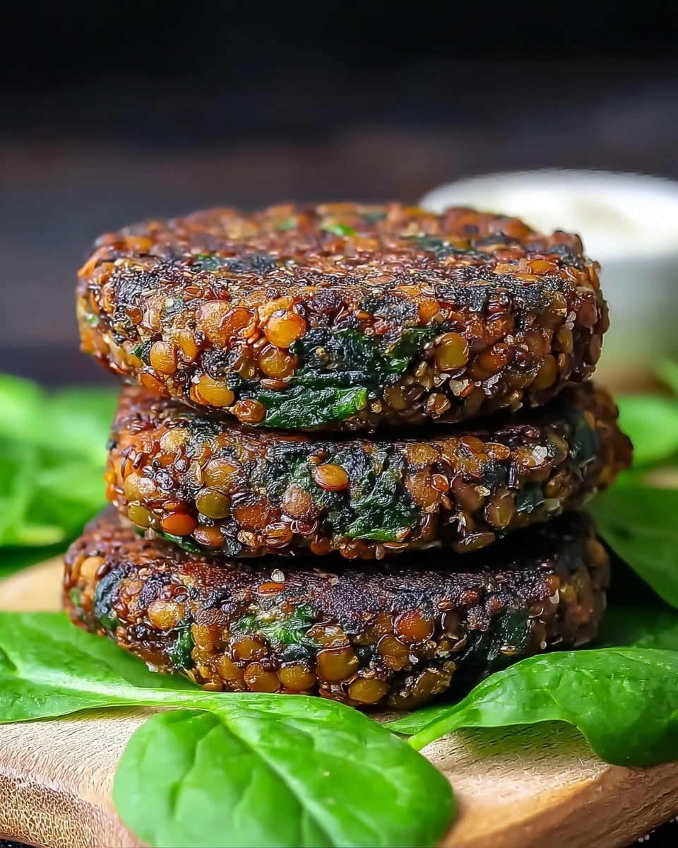 Three round, thick patties are stacked on top of each other, each showing a rough, uneven texture with small, orange-brown lentils and dark green leafy spinach mixed throughout. The patties have a crispy, dark brown crust on the outside. They rest on fresh, bright green spinach leaves spread out on a white wooden board. The background is blurred black, and there is a small white bowl partially visible in the back. photo taken with an iphone --ar 4:5 --v 7