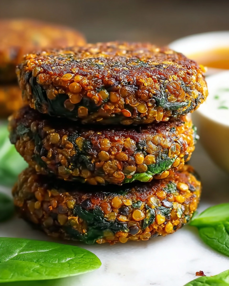 A close-up view of a stack of three thick lentil patties, each showing a rich texture made of orange lentils and dark green spinach pieces tightly held together, with a crispy brown crust on the top and sides. The patties are round and stacked one on top of another against a white marbled surface, with fresh spinach leaves placed near the base of the stack. In the blurred background, a white bowl with sauce is partially visible. The colors highlight the warm tones of the cooked lentils and the contrast of leafy greens. photo taken with an iphone --ar 4:5 --v 7