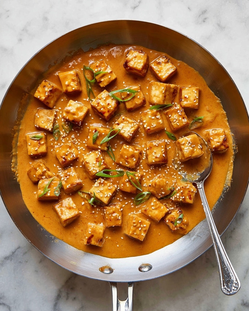 A silver pan filled with many small, golden-brown tofu cubes covered in a thick, creamy, orange sauce with a smooth texture. The tofu pieces are scattered throughout the sauce, some topped with small green slices of scallions and white sesame seeds. A silver spoon rests inside the pan on the right side, partly submerged in the sauce. The pan is placed on a surface with a white marbled texture. photo taken with an iphone --ar 4:5 --v 7
