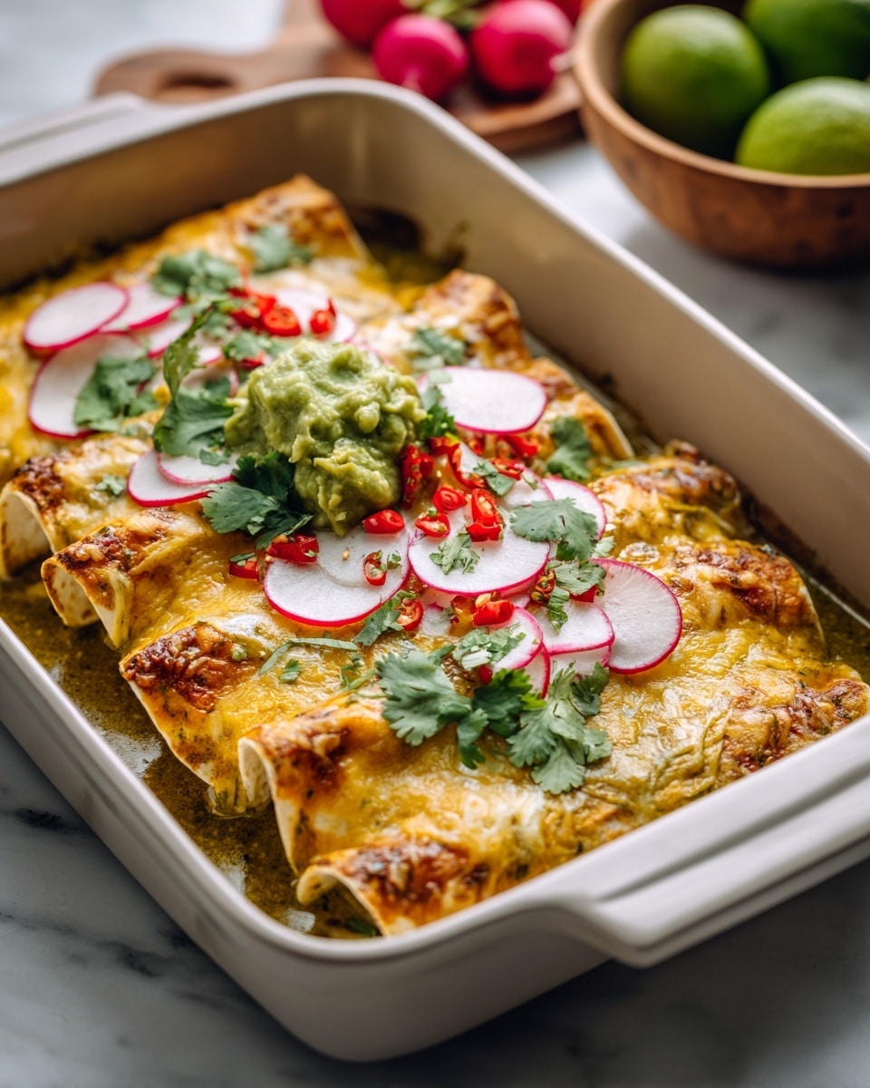 The image shows a white rectangular baking dish filled with three rolled enchiladas covered in melted yellow cheese and green sauce. On top of the enchiladas, there are thin round slices of radish with red edges and white centers, bright green fresh cilantro leaves, and small diced pieces of red chili peppers. There is also a dollop of green guacamole on one enchilada, adding a creamy texture. The background includes a wooden bowl with limes and radishes blurred out, with the dish set on a white marbled surface. photo taken with an iphone --ar 4:5 --v 7