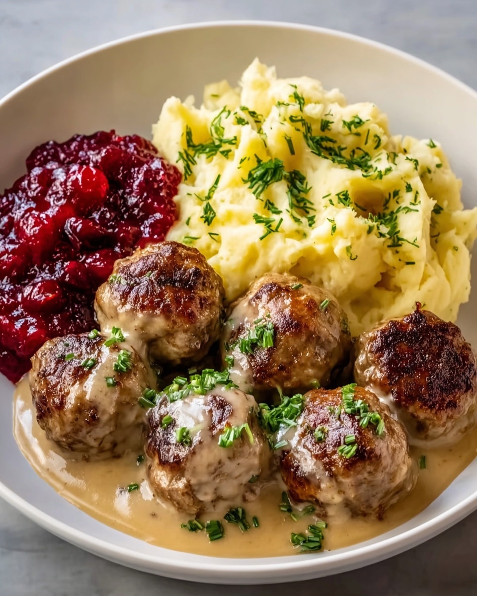 A white plate holds six browned meatballs covered in a light beige creamy sauce, sprinkled with small green herb pieces. To the side, there is a serving of pale yellow mashed potatoes with a soft, creamy texture, also topped with green herbs. Next to the mashed potatoes, there is a bright red chunky cranberry sauce adding a pop of color. The plate is set on a white marbled surface. photo taken with an iphone --ar 4:5 --v 7