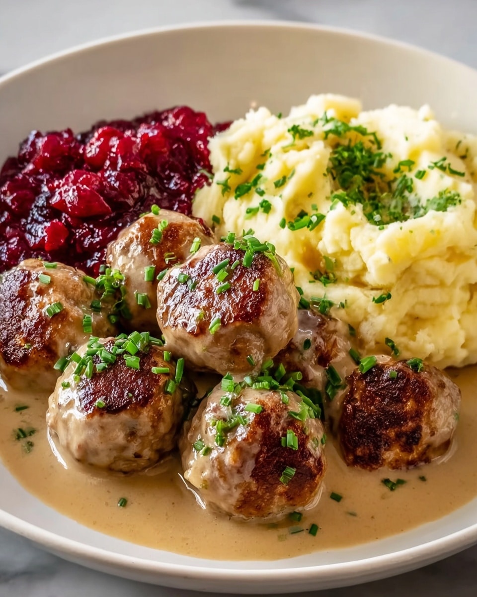 A white plate holds a serving of six browned meatballs covered in creamy light brown gravy and sprinkled with green chopped chives. To the back right of the plate, there is a generous portion of fluffy mashed potatoes with more green chopped chives scattered on top. On the back left, there is a bright red chunky cranberry sauce. The plate sits on a white marbled surface, with natural light highlighting the textures and colors of the dish. photo taken with an iphone --ar 4:5 --v 7