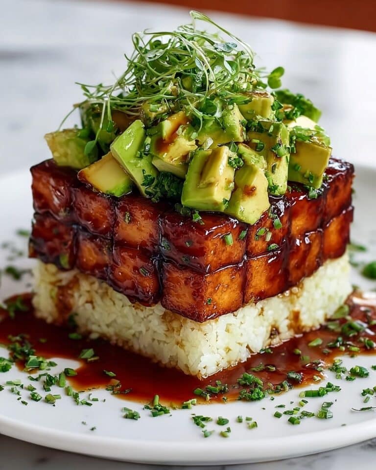 Crispy Teriyaki Tofu and Avocado Rice Stack Recipe