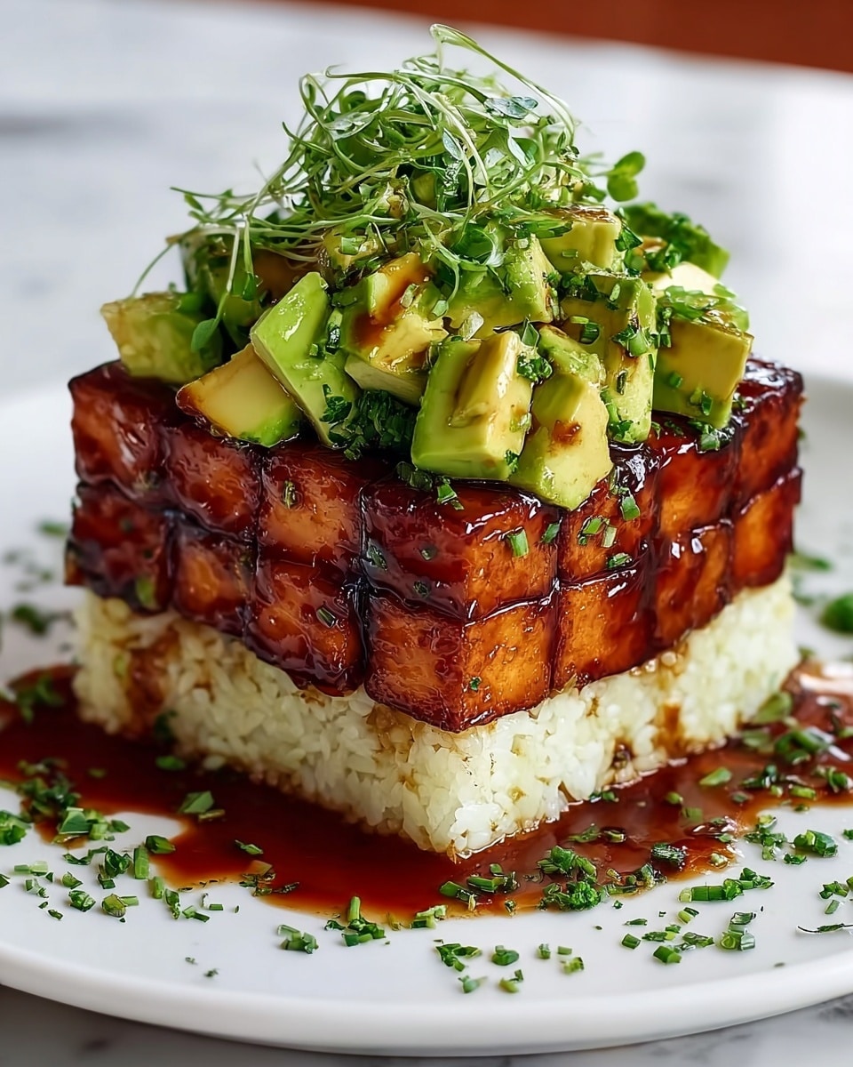 A white plate holds a three-layered dish on a white marbled surface; the bottom layer is a square block of seasoned rice with chives mixed in, light beige in color with a soft texture. Above this, there is a thick layer of glossy, richly browned tofu cubes stacked in a neat square shape, covered in a dark, shiny, sticky sauce that drips down the sides. The top layer is a generous pile of bright green avocado chunks, fresh and creamy, topped with thin sprigs of fresh green herbs. Around the base of the dish, finely chopped herbs are scattered. photo taken with an iphone --ar 4:5 --v 7