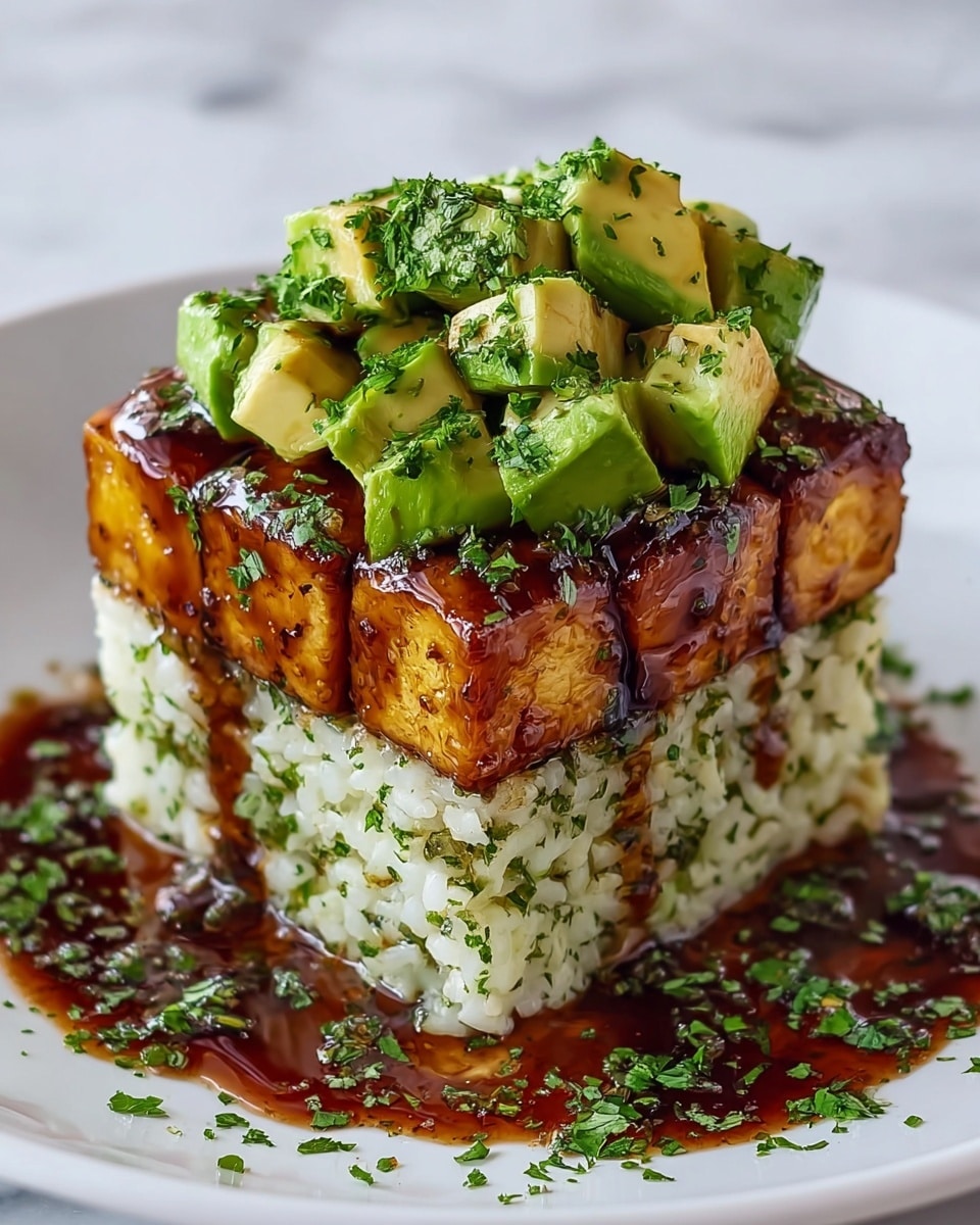 The dish is a three-layered tower served on a white plate placed on a white marbled surface. The bottom layer is a square block of white rice mixed with green herbs, giving it a soft, grainy texture. On top of the rice, there is a neat layer of golden-brown tofu cubes coated in a dark, glossy sauce that drips slightly onto the rice. The top layer consists of several chunky pieces of bright green avocado, sprinkled generously with finely chopped herbs, adding freshness and color contrast to the dish. photo taken with an iphone --ar 4:5 --v 7