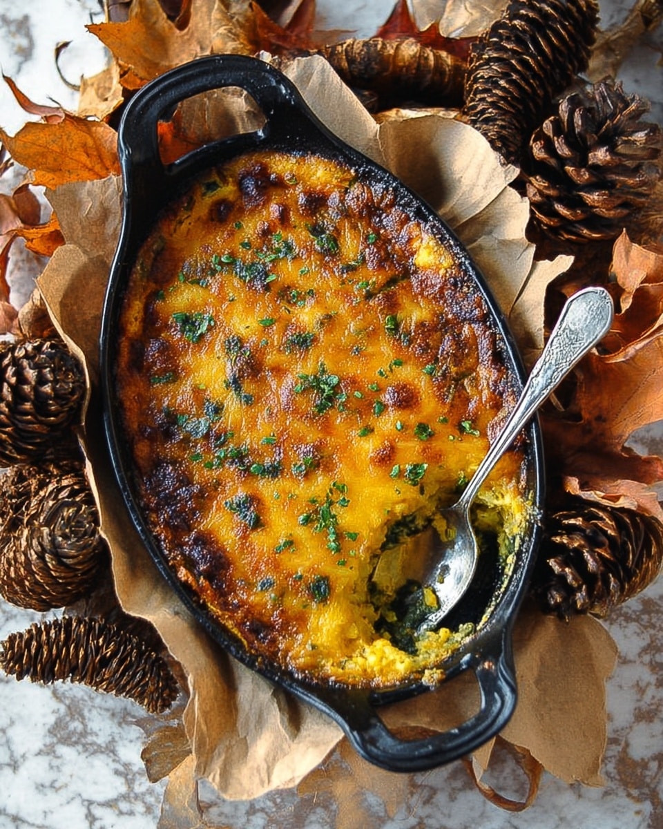 An oval black cast iron dish holds a cheesy baked dish with a golden brown top layer speckled with small green herb bits. The top layer has a slightly crispy texture and shows some darker browned spots. A silver spoon on the right side scoops out a section, revealing a soft yellow layer underneath the cheese. The dish rests on crumpled light brown parchment paper, surrounded by dried autumn leaves and two pinecones. The background is a white marbled texture. Photo taken with an iphone --ar 4:5 --v 7