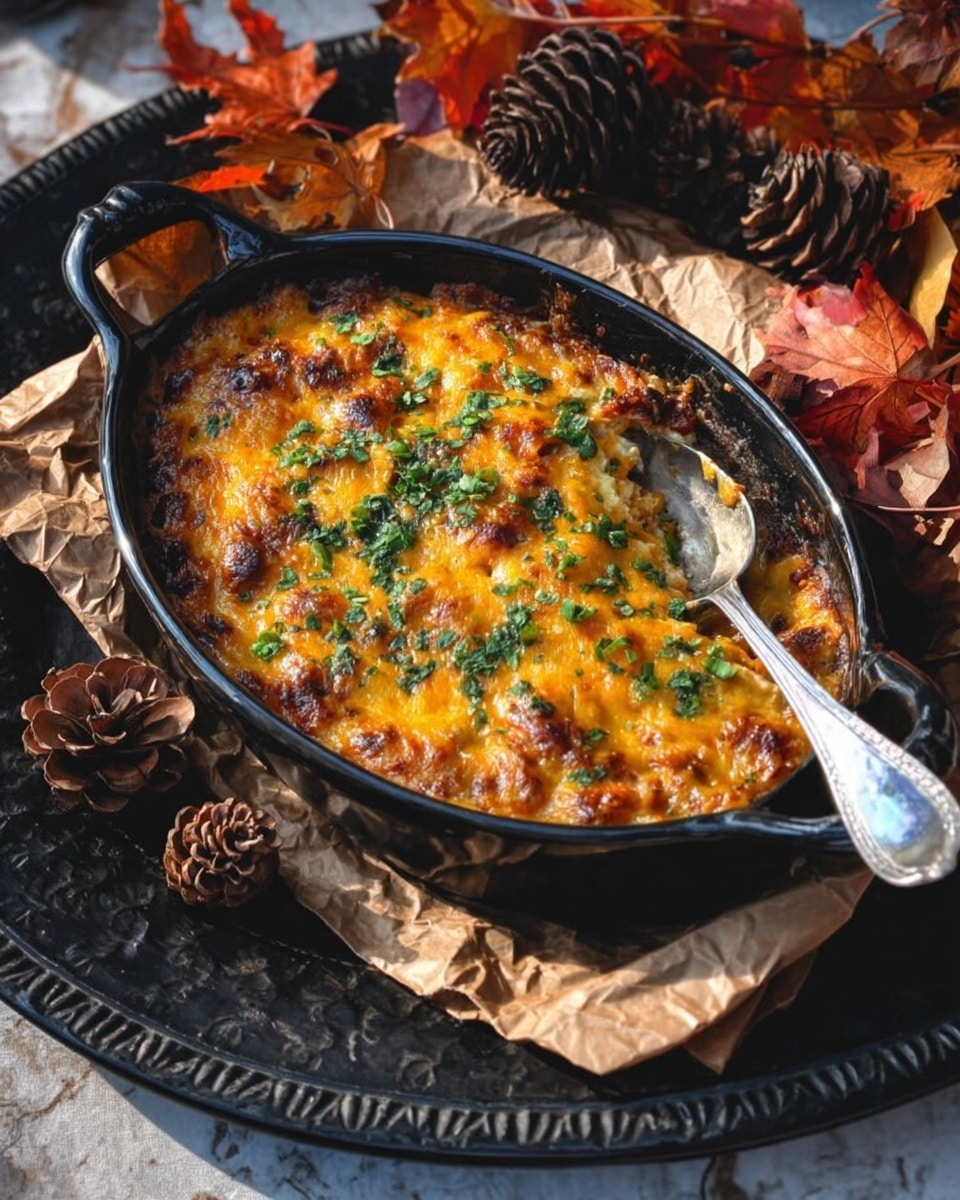 A black oval dish filled with a golden brown baked casserole topped with melted cheddar cheese that is bubbly and slightly crispy on edges, sprinkled with chopped green herbs. The dish sits on crumpled brown paper surrounded by dry autumn leaves and large brown pine cones, all placed on a round black tray with carved patterns. A silver spoon rests inside the casserole dish on the right side. The surface underneath is a white marbled texture. photo taken with an iphone --ar 4:5 --v 7
