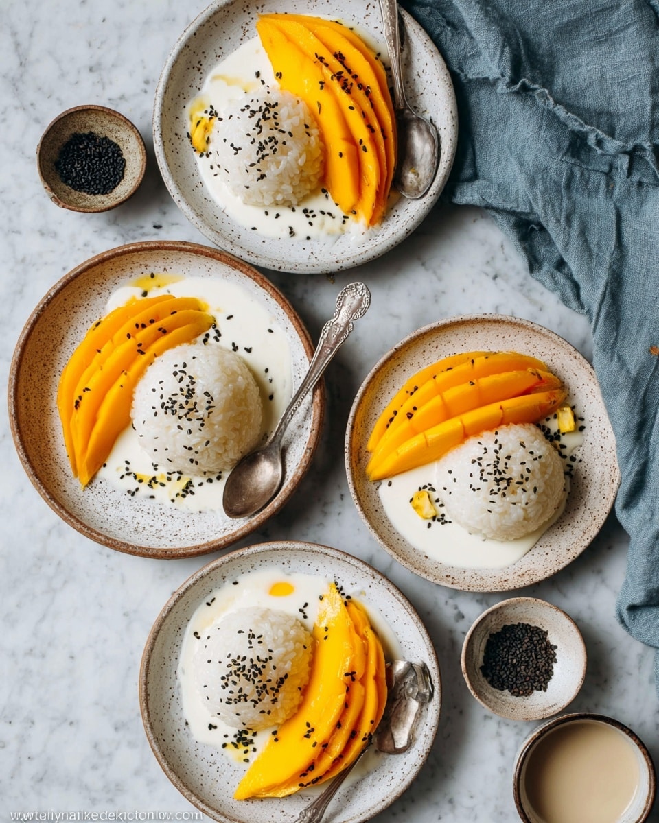 Four white plates each hold a dessert with two layers; the first layer is a smooth white creamy base filling most of the plate, and on top there is a dome-shaped sticky rice ball that is translucent white with a glistening texture, sprinkled with small black sesame seeds. Next to each rice dome, there are thin, fan-shaped slices of bright orange mango with a soft, smooth texture, also sprinkled with black sesame seeds. The plates have a speckled beige rim, and vintage silver spoons are placed beside or on the plates. The setting is on a white marbled surface with small bowls of black sesame seeds and cream nearby, with a folded blue cloth adding a soft accent. Photo taken with an iphone --ar 4:5 --v 7