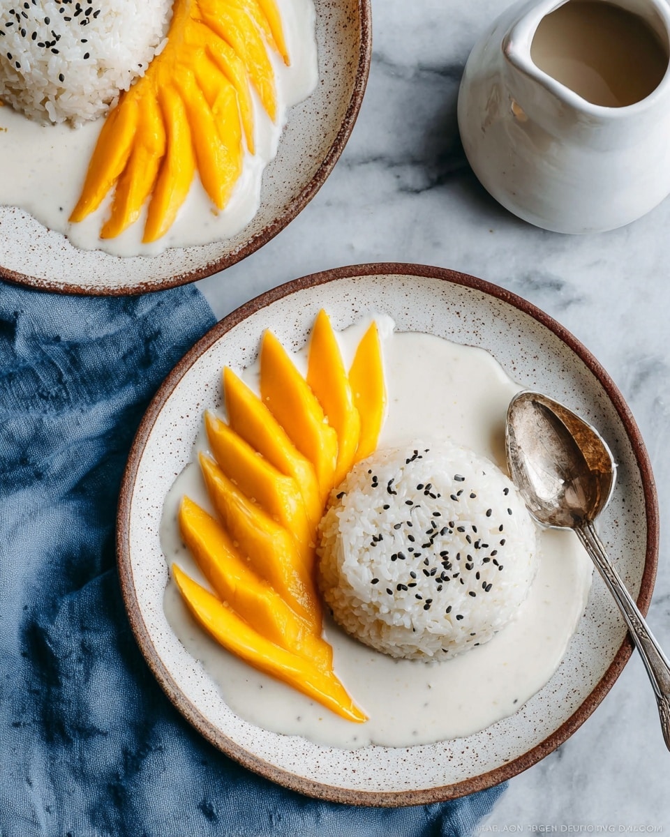 The image shows two white plates each with a round mound of sticky white rice in the center, topped with black sesame seeds. Around one side of each mound is a row of bright yellow mango slices neatly fanned out. A creamy white sauce is partially poured around the base of the rice on the plates. One plate with a speckled edge contains a tarnished silver spoon resting beside the mango. The whole scene is set on a white marbled surface with a blue cloth visible near the bottom right corner and a white jug partially seen on the right side. photo taken with an iphone --ar 4:5 --v 7