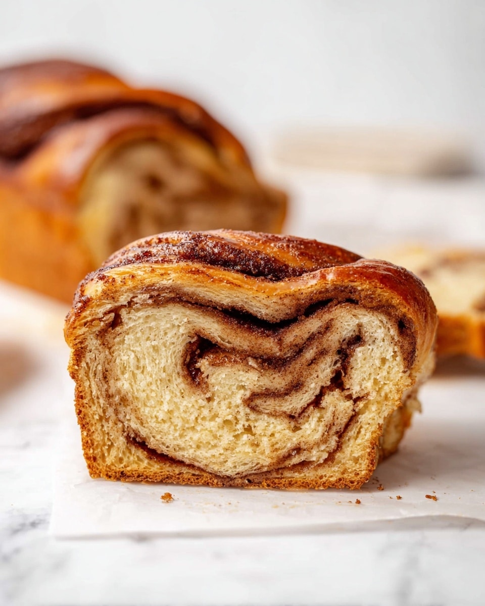 The image shows a close-up of a cinnamon babka loaf slice placed on white parchment paper over a white marbled surface. The sliced loaf reveals layers of soft, light golden-brown dough swirled with dark brown cinnamon filling in a spiral pattern. The top of the loaf has a shiny, golden-brown crust with a slightly rough texture, showing the twisted shape typical of babka. In the blurry background, there is a whole loaf of babka, also with a golden crust and cinnamon swirls visible on the surface. The setting is bright and clean, emphasizing the bread’s color and texture. photo taken with an iphone --ar 4:5 --v 7