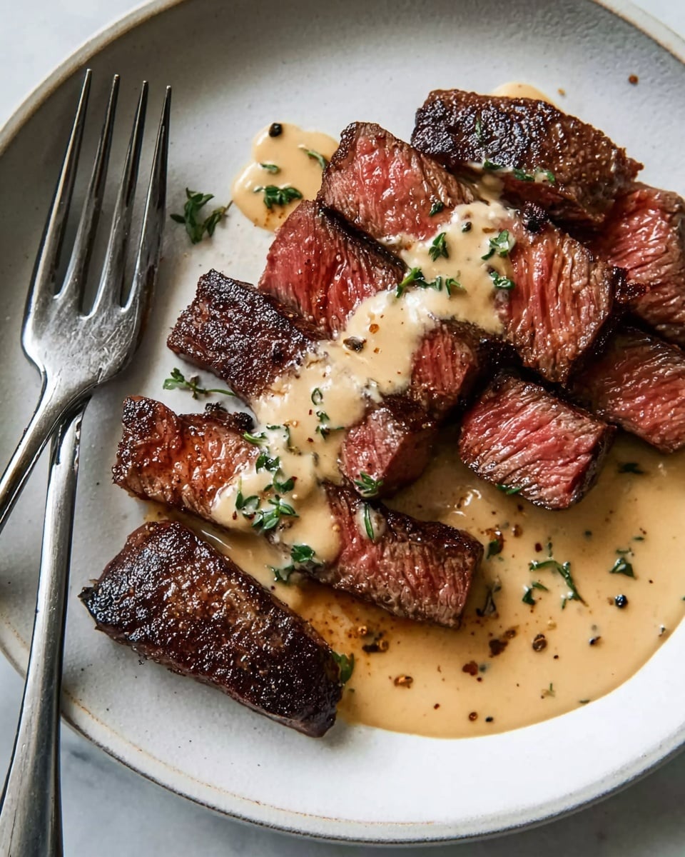 A white plate with several pieces of medium-rare steak arranged in a row, each piece showing a dark brown grilled crust on the outside and a pink juicy center, topped with a creamy light tan sauce that has small specks of black pepper and tiny green herb leaves sprinkled on it, with some sauce pooled on the side. A silver fork rests on the left side of the plate, all set on a white marbled surface. photo taken with an iphone --ar 4:5 --v 7