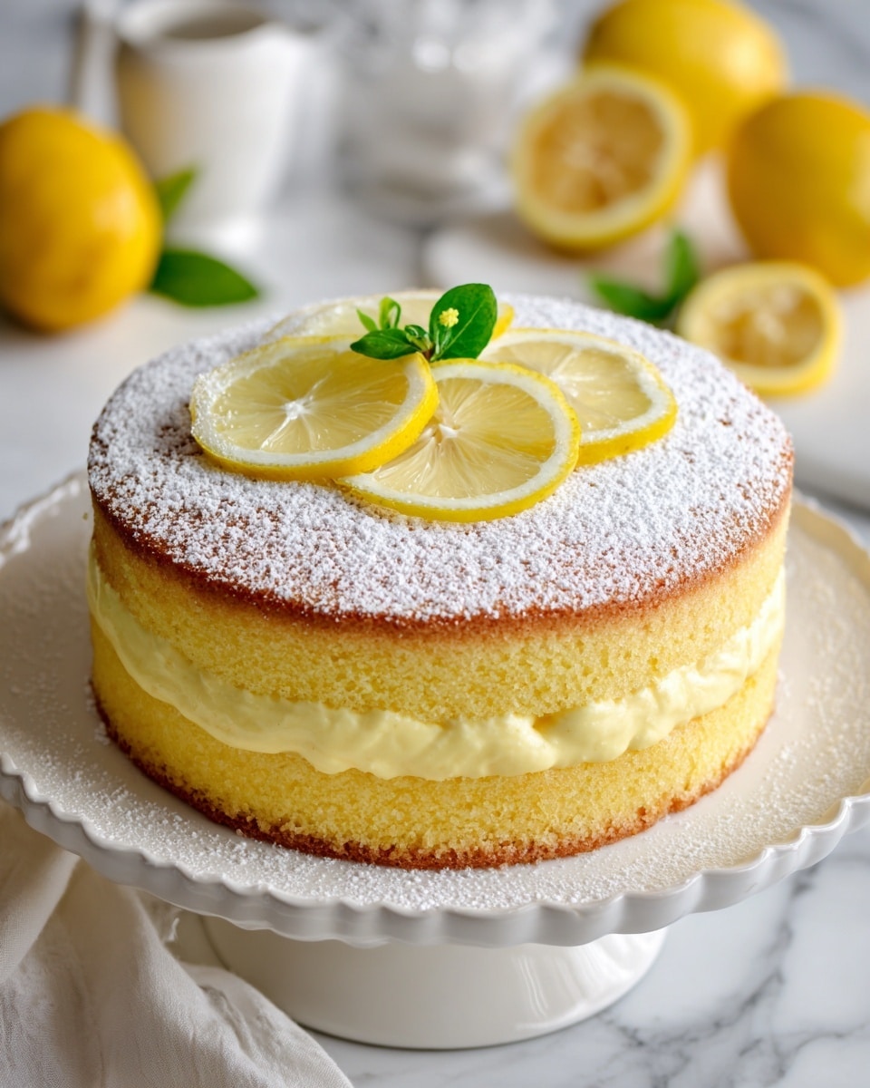 A round cake with two visible layers, the bottom and top layers are light yellow with a soft, fluffy texture, and in between is a thick, creamy lemon filling in pale yellow. The top of the cake is dusted with powdered sugar and decorated with thin, bright yellow lemon slices and two small green leaves in the center. The cake sits on a white plate with a scalloped edge, placed on a white marbled surface, with whole and halved lemons blurred in the background. Photo taken with an iphone --ar 4:5 --v 7